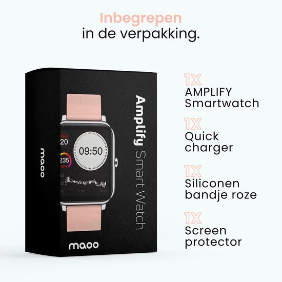 MAOO AMPLIFY Smartwatch - Protection d'écran incluse - Fréquence cardiaque, pression artérielle, saturation sanguine, sommeil, distance - Podomètre - Smartwatch femmes - Montre - Cadeau de Noël - Rose
