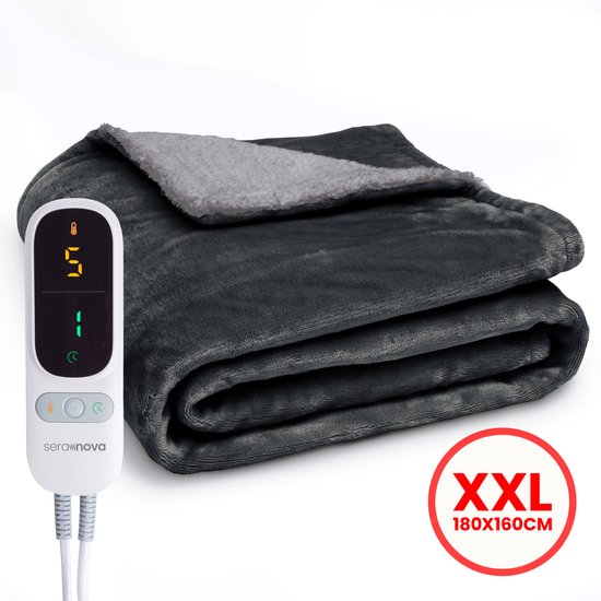 Seranova Couverture électrique XXL - Fils chauffants supplémentaires - Modèle Premium - 180x160 cm - Couverture chauffante pour 2 personnes - Sherpa polaire double face - Anthracite