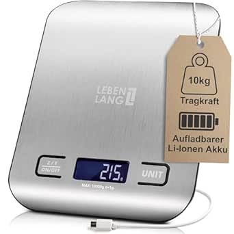 LEBENLANG - Balance de cuisine numérique rechargeable par USB - jusqu'à 10 kg - design en acier inoxydable, fonction tare et affichage LCD - Balance de cuisine pour la pâtisserie, la cuisine, la diététique et le café