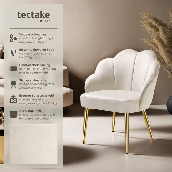 tectake® Chaise cocktail - Revêtement en velours - Rembourrage souple - Dossier incurvé - Pieds en acier revêtus de poudre - Crème/Dorée