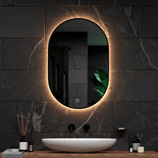 Miroir de salle de bain ovale - Mirlux - 90x60 cm - Eclairage et chauffage LED - anti-buée - Noir