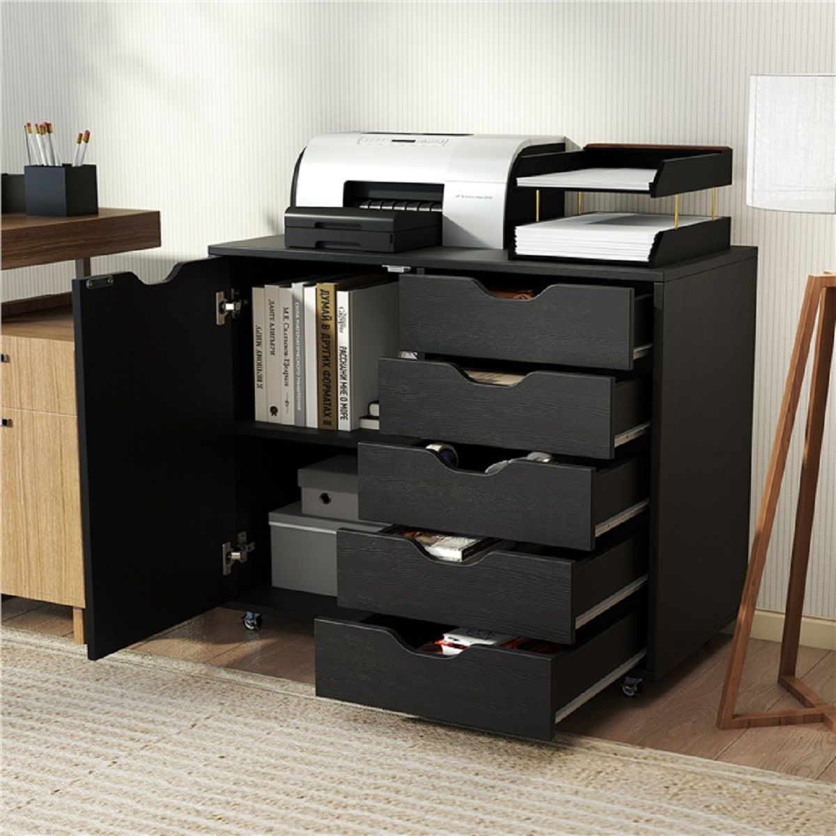 Coast : caisson à roulettes à 5 tiroirs - Armoire à porte - Plan de travail - Noir - 79 x 39 x 65 cm