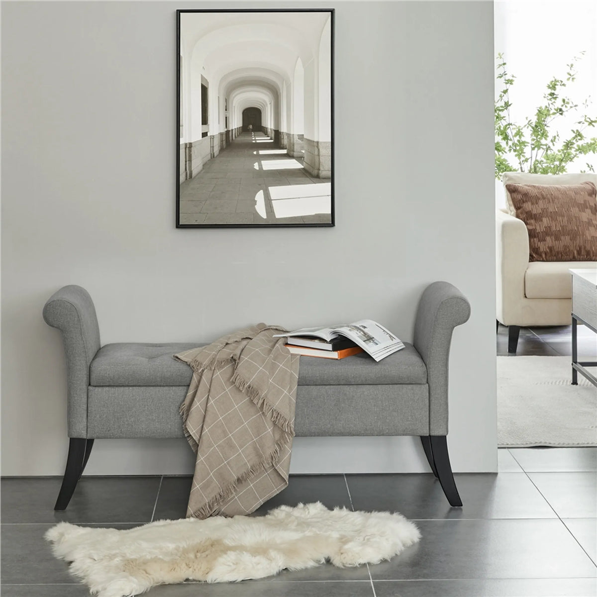 Yaheetech Banquette avec rangement et accoudoirs - 131 x 43,5 x 64,5 cm - Gris clair
