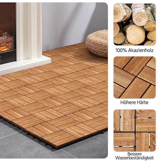 Dalles de terrasse en bois d'acacia Yaheetech – Certifiées FSC – Système d'assemblage par clic – Avec drainage