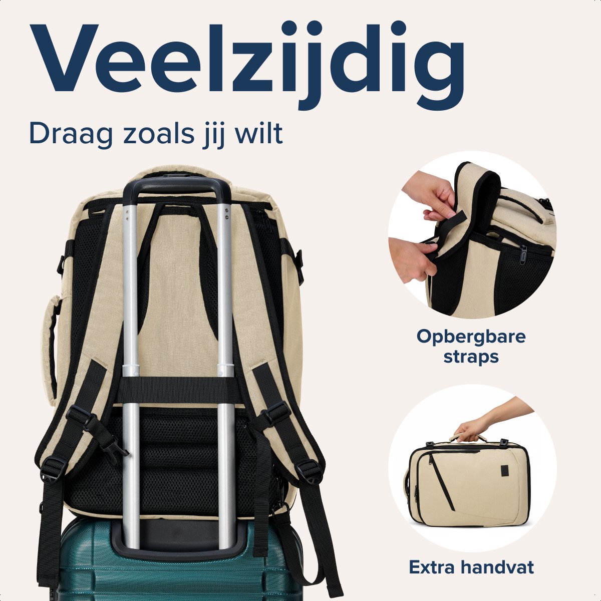Sac de voyage à dos TRVLMORE 40 L – Bagage à main – 49 x 34 x 13 cm – Beige