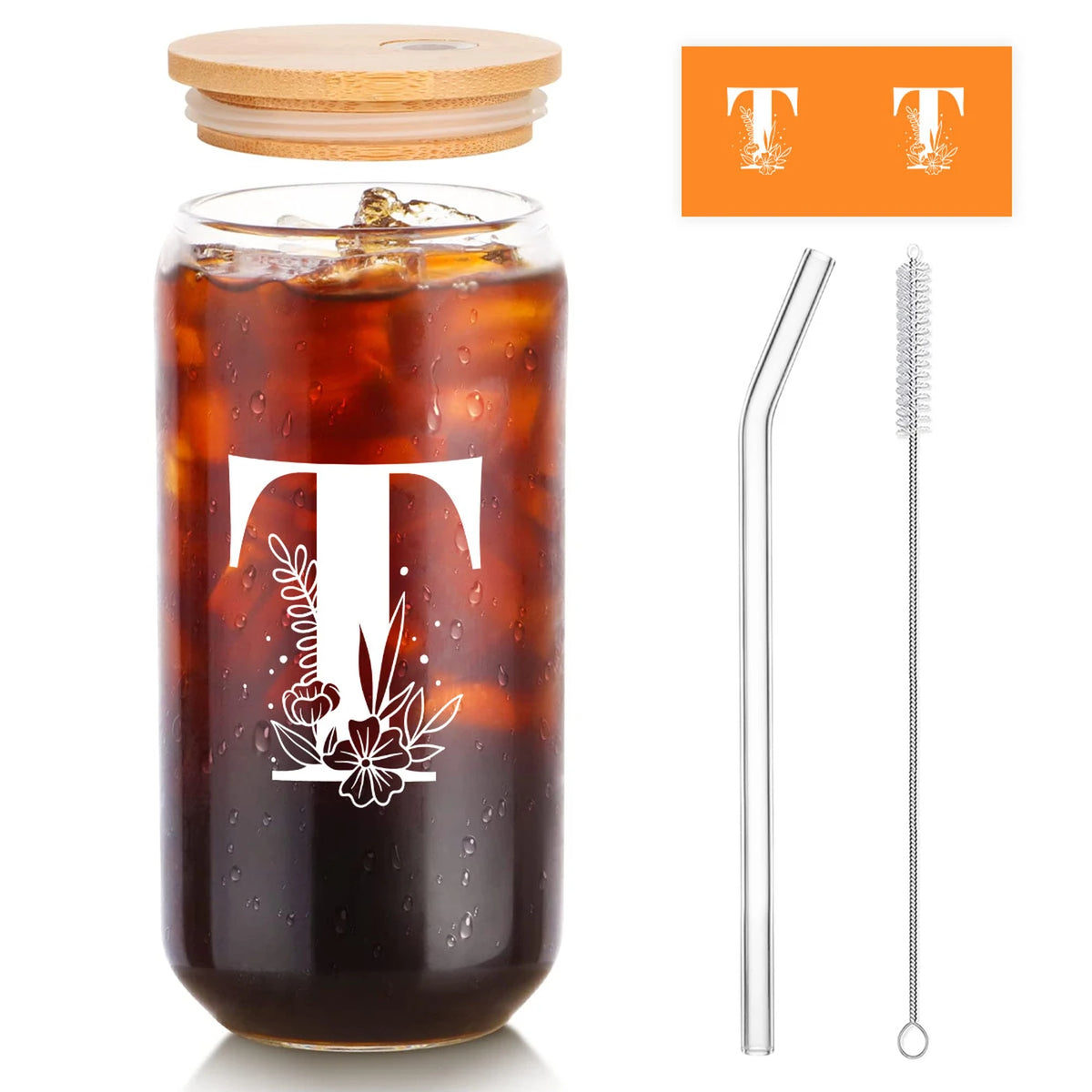 Verre à café glacé Alphynix avec monogramme T - Avec couvercle en bambou et paille