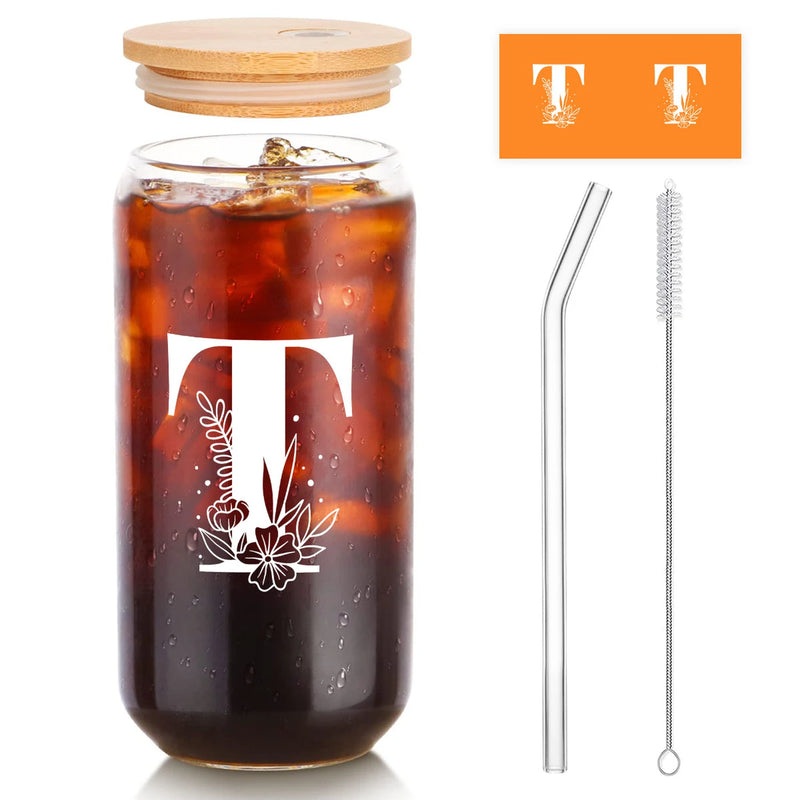 Verre à café glacé Alphynix avec monogramme T - Avec couvercle en bambou et paille