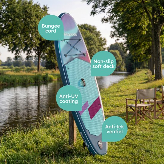 LifeGoods SUP Board All-round Compact - 100 KG Load Capacity - 300 x 76 cm - Inflatable - Complete SUP Package - Blue/Purple