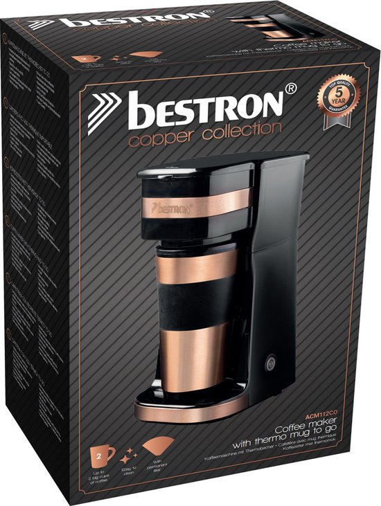 Cafetière à filtre Bestron 750 W - ACM112CO - 0,42 L, 2 grandes tasses - Vase isotherme - Cuivre - Garantie 5 ans