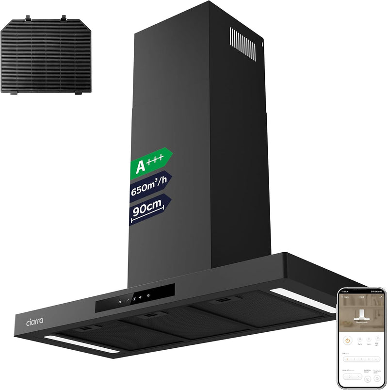 Hotte aspirante Ciarra CBCB9102-P - 90 cm - Noir - Wi-Fi et commandes tactiles