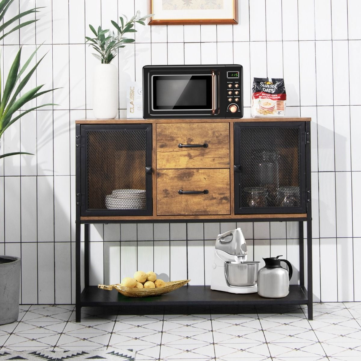 Coast Buffet industriel multifonctionnel avec 2 armoires grillagées et 2 tiroirs 100 x 35 x 85 cm