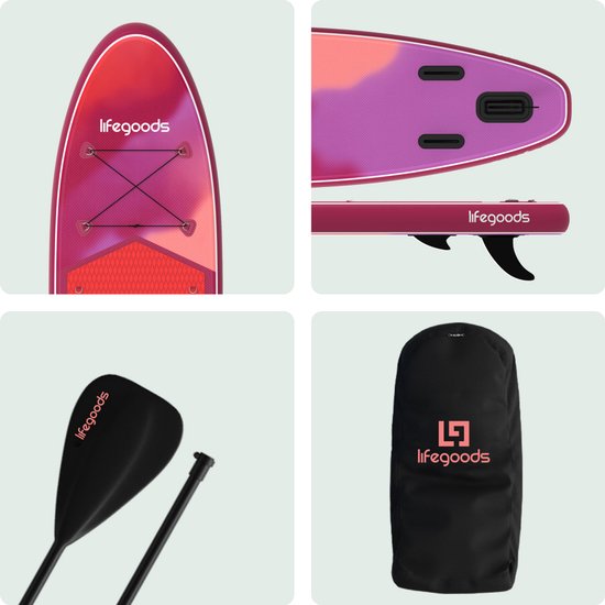 LifeGoods SUP Board All-round Compact - avec siège - capacité de charge de 100 KG - 300 x 76 cm - gonflable - ensemble complet de SUP - rouge/lilas