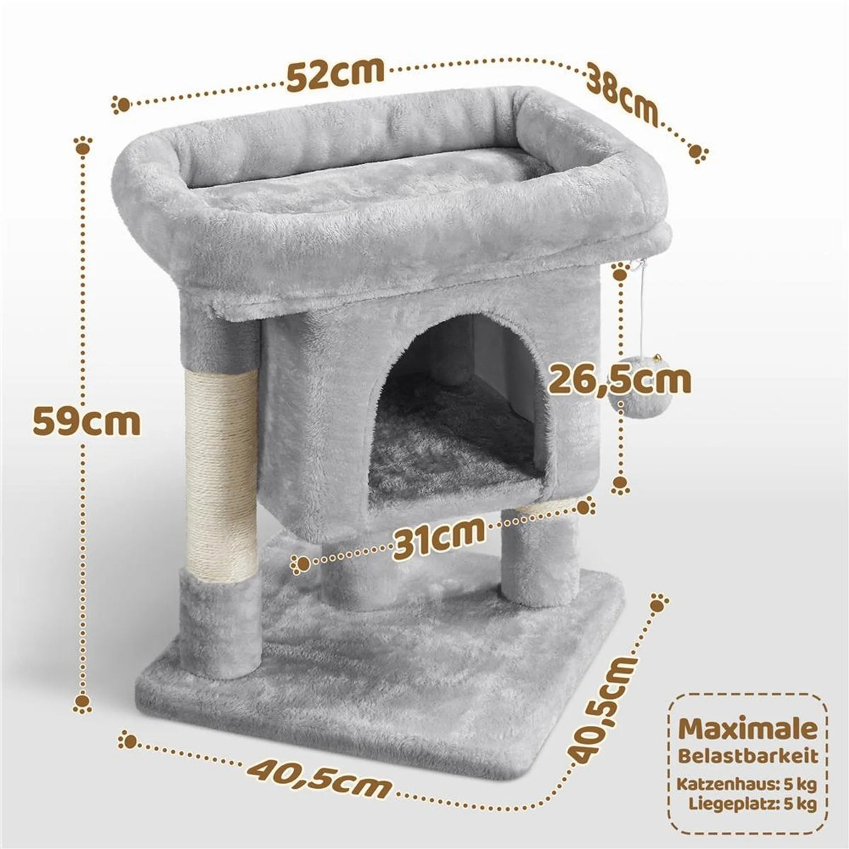 Arbre à chat Yaheetech 58 cm – avec maisonnette et poteaux en sisal, gris clair
