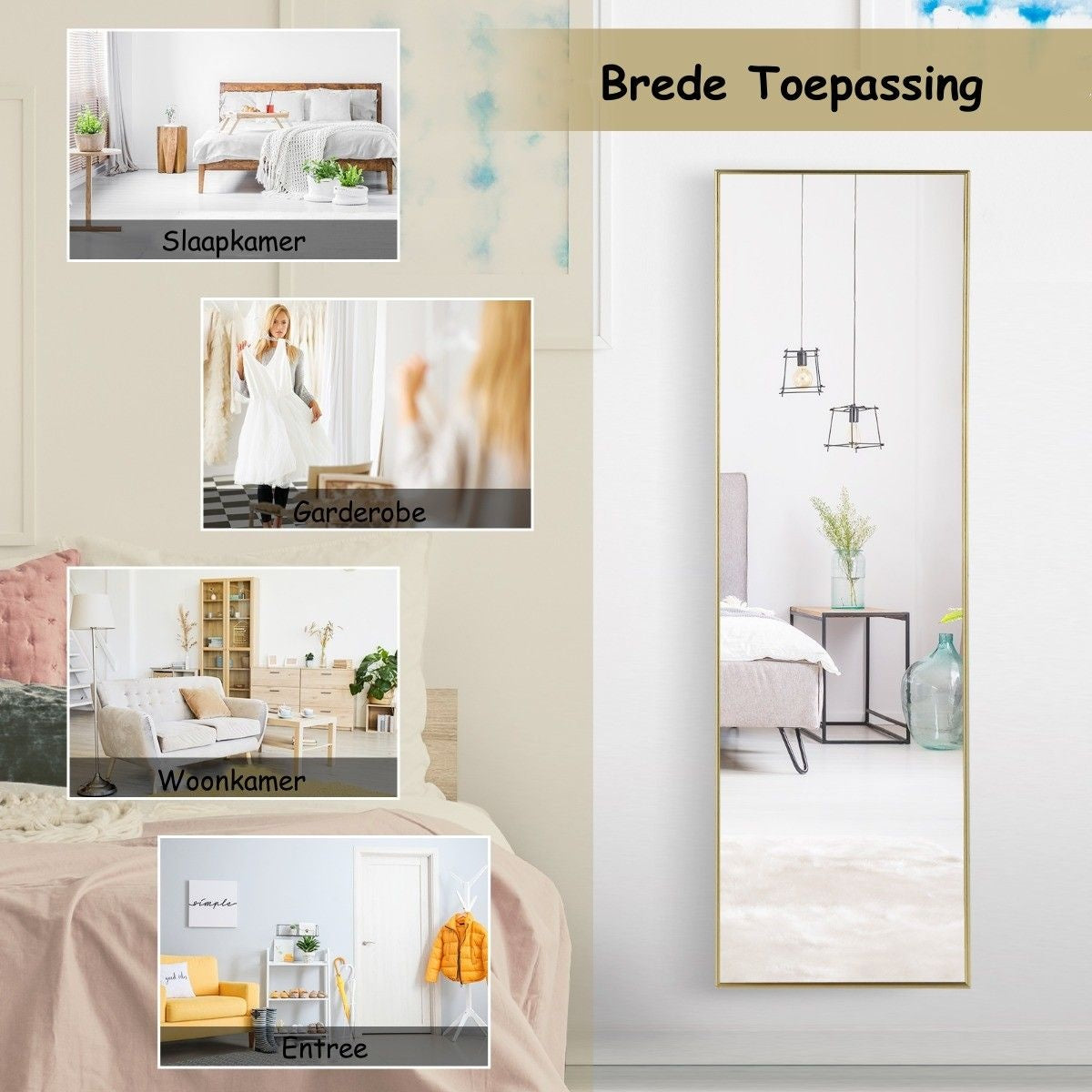 Coast 37 x 120 cm Miroir mural à hauteur d'homme avec crochets réglables en hauteur Miroir mural Golden