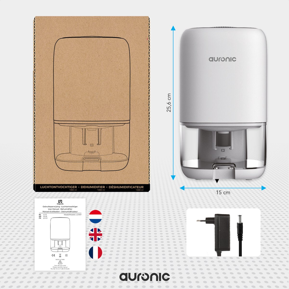 Déshumidificateur Auronic – Réservoir de 1 L, 450 ml par jour, 40 W – 25,6 x 15 x 15 cm – Blanc