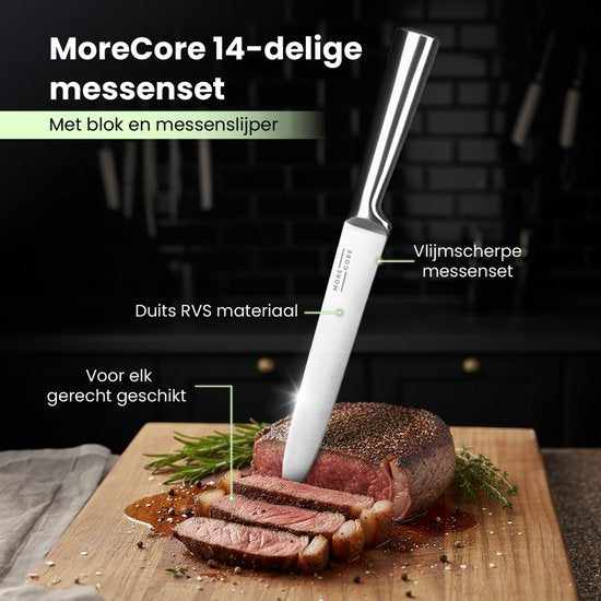 Ensemble de couteaux MoreCore avec bloc et aiguiseur - Bloc à couteaux - Couteaux de cuisine - Ciseaux de cuisine inclus - Couteau de chef - Résistant aux rayures - Acier inoxydable - Couleur argentée/noire - Cadeau pour la fête des pères