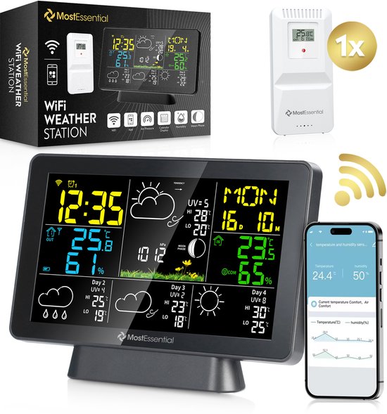 MostEssential Station Météo Wifi Edition - Station météo sans fil avec capteur extérieur - Hygromètre - Intérieur et extérieur - Portée de 150 mètres - Application incluse - Noir - 1 capteur