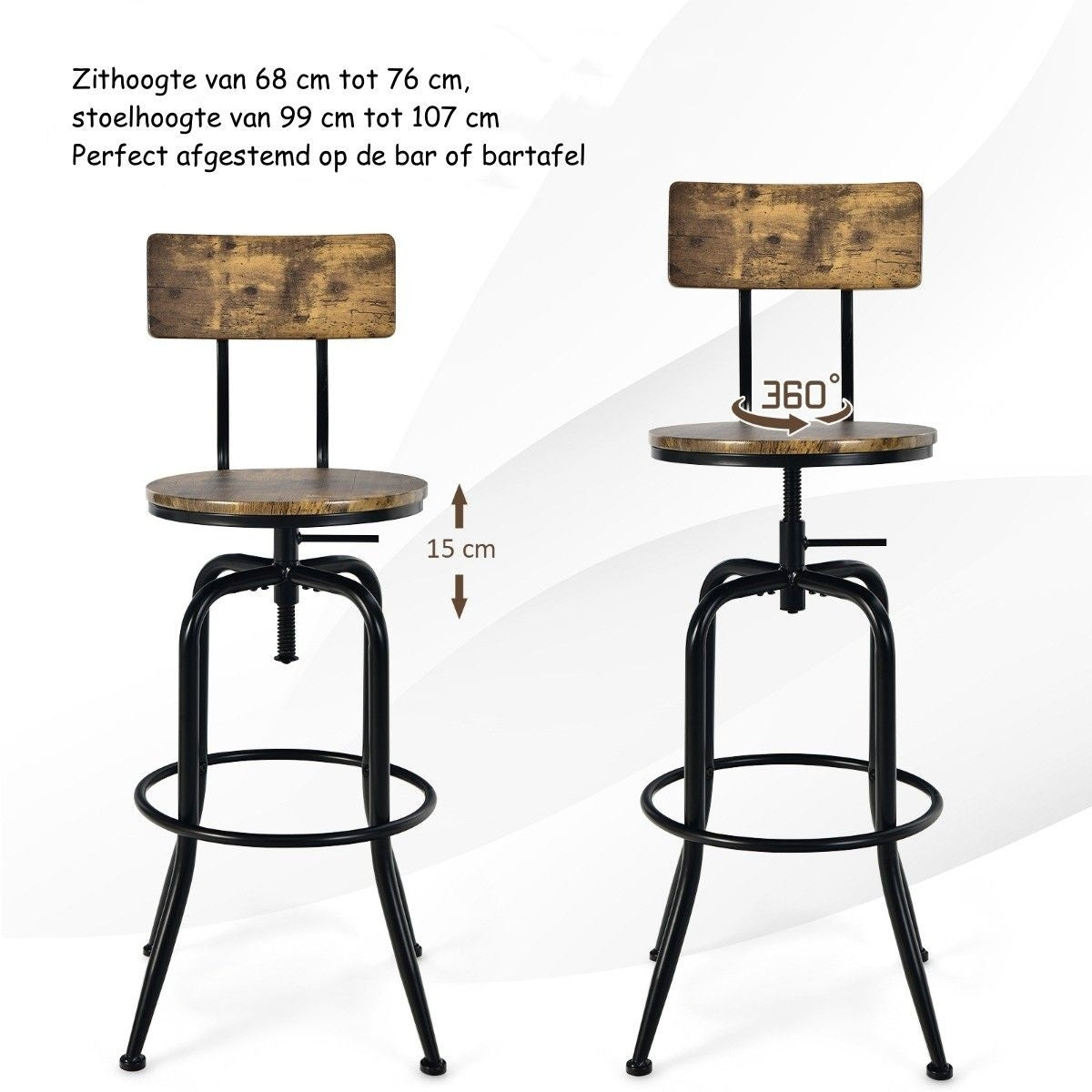 Coast Bar Chair Industrial 2 Set Bar Stool rotatif et réglable en hauteur marron