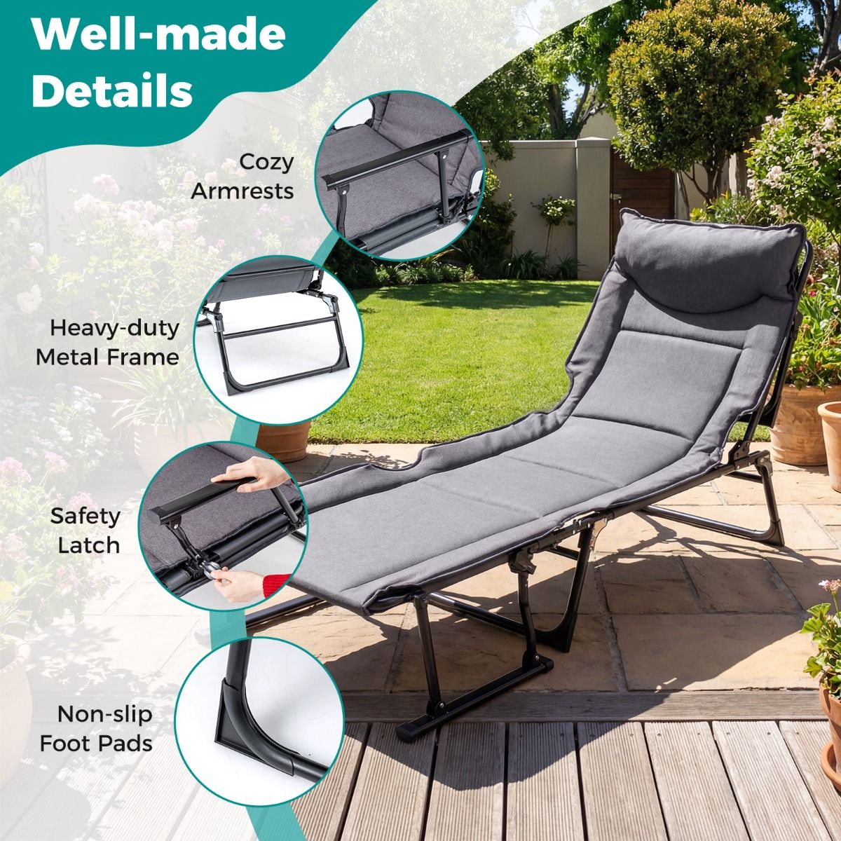 Lit de camping pliable Coast 3-en-1 – Chaise longue réglable – Avec appui-tête – Gris et noir