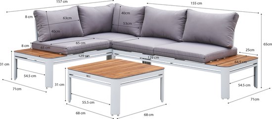 Ensemble de salon AXI Eos avec chaise longue, blanc aspect bois PSPC – Ensemble d'angle avec table – Structure en aluminium thermolaqué – Chaise longue intégrée – Plateau de table en PSPC