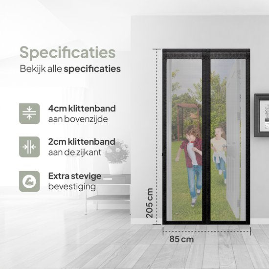 O'DADDY Rideau de porte Deluxe FIBER - Rideau anti-moustiques magnétique - Pour les nouvelles constructions et les portes standard - Installation facile - Noir Hor - 85x205 cm