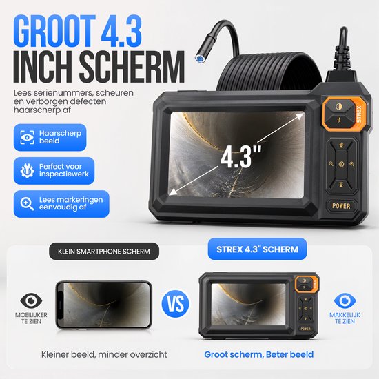 Endoscope Strex avec écran 5M - Caméra d'inspection - Caméra d'égout avec image HD - Étanche IP67 - Éclairage LED réglable