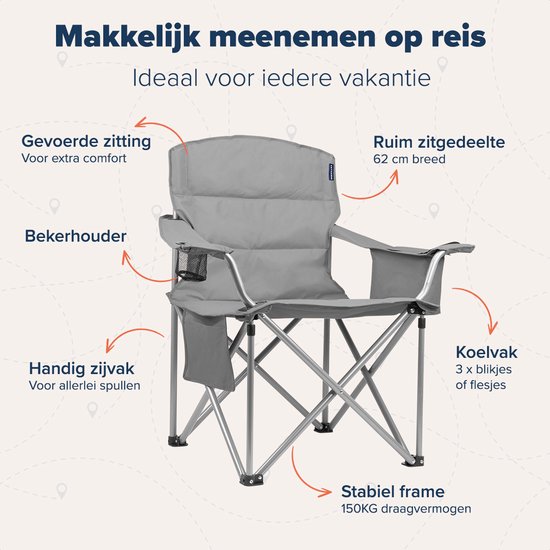 TRVLMORE Chaises de camping - Pliables - 2 pièces - Chaises pliantes - Capacité de charge de 150 kg - Porte-boissons - Compartiment réfrigérant - Poche latérale - Gris