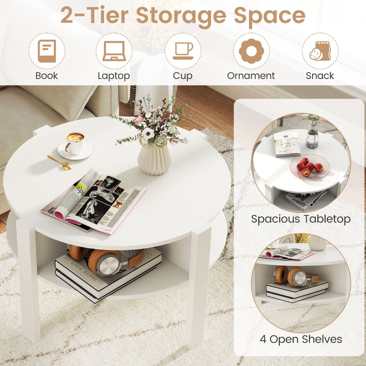 Table basse ronde Coast - avec espace de rangement - 4 étagères - blanche 74,5 x 74,5 x 45,5 cm
