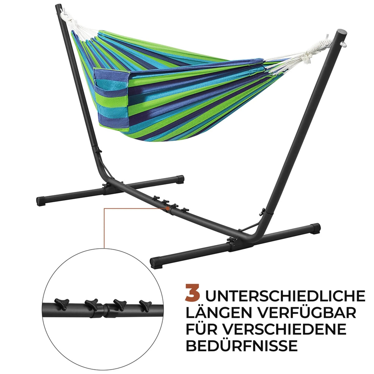 Hamac de camping Yaheetech avec armature en acier – 294/304/314 cm – Rayures bleu-vert – Capacité de charge de 205 kg