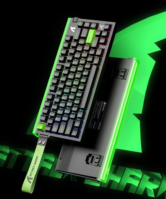 ATTACK SHARK R85HE - Clavier gaming filaire à commutateurs magnétiques - 79 touches - Bande lumineuse RGB - Lanière décorative - Bouton de volume - Touches en PBT - 8 kHz - Temps de réponse de 0,005 mm - Temps de réponse de 0,08 ms - Vert néon
