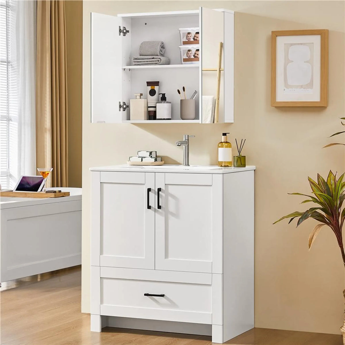 Yaheetech : élégante armoire de salle de bains avec miroir, 63 x 15 x 60 cm – Blanc frais – MDF et verre