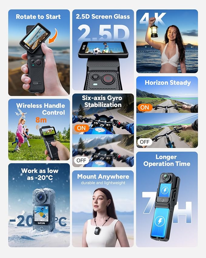 Caméra d'action SJCAM C400 4K, autonomie de 7 heures, stabilisation sur 6 axes, caméra de sport avec double écran tactile, étanche jusqu'à 30 mètres, caméra de vlogging avec kit d'accessoires, noire, carte de 64 Go incluse