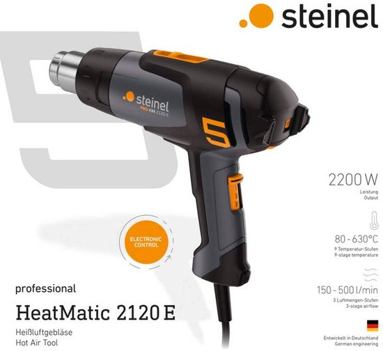 Pistolet à air chaud Steinel HM 2120 E - 2 200 W - Pistolet décapant - Température réglable de 80 à 630 °C - Débit d'air réglable de 150 à 500 l/min - Livré avec mallette et divers embouts