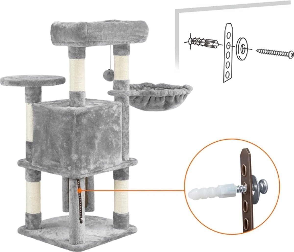 Yaheetech Cat Post With 5 Sisal Poles - Equipped With Padded Viewing Platform And Hammock And Cat Burrow - For 2 To 3 Small And Medium Cats - Light Grey Plush And Metal - 43,5 x 43,5 x 106 cm