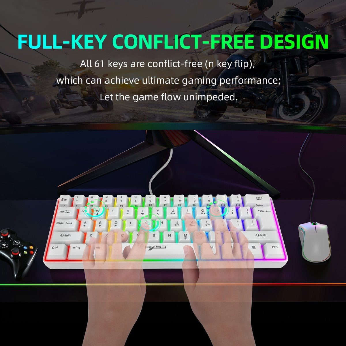 Clavier gaming - HxSJ - Clavier membrane - 61 touches - TKL - Qwerty - Blanc