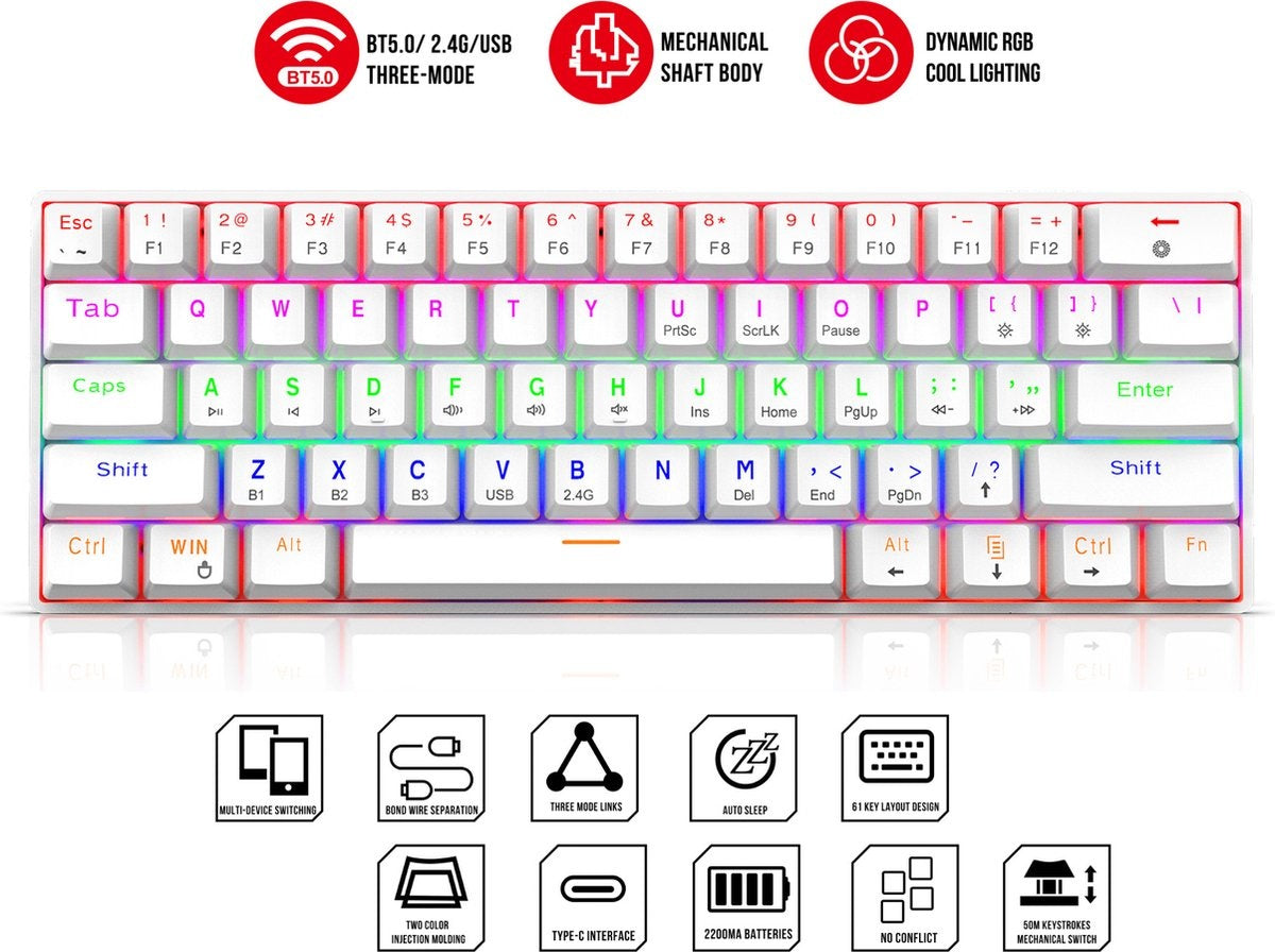 HXSJ L800 Wireless Mechanical TKL Gaming Keyboard - RGB - filaire / 2.4GHz RF / Bluetooth - QWERTY - 61 touches - commutateur bleu - blanc
