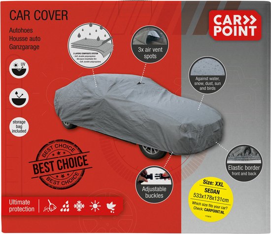 Housse de voiture Carpoint Ultimate Protection XXL – 533 x 178 x 131 cm – 3 couches – Hydrofuge et résistante aux UV – Respirante – Sac de rangement inclus