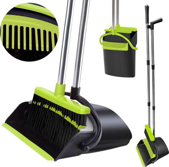 TTD® Balai et pelle à poussière avec long manche XXL - réglable 54-263 cm - Balai - manche de balai - vert et noir - balai et pelle à poussière - poubelle pour l'intérieur et l'extérieur - dents de nettoyage intégrées