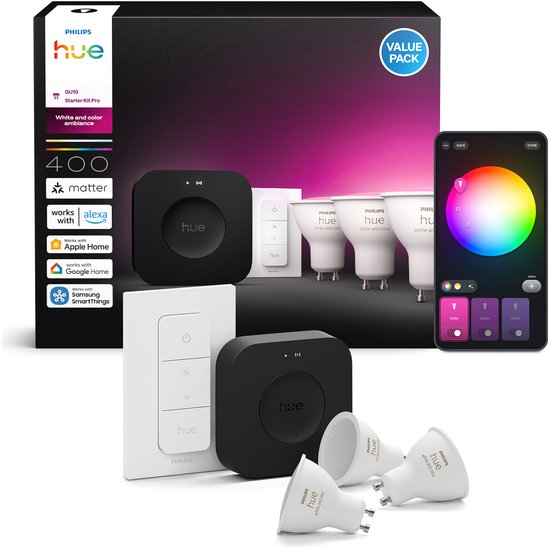 Kit de démarrage Philips Hue - culot GU10 - comprend 1 Hue Bridge Pro, 3 ampoules, 1 DimmerSwitch - lumière blanche et colorée réglable - - éclairage intelligent