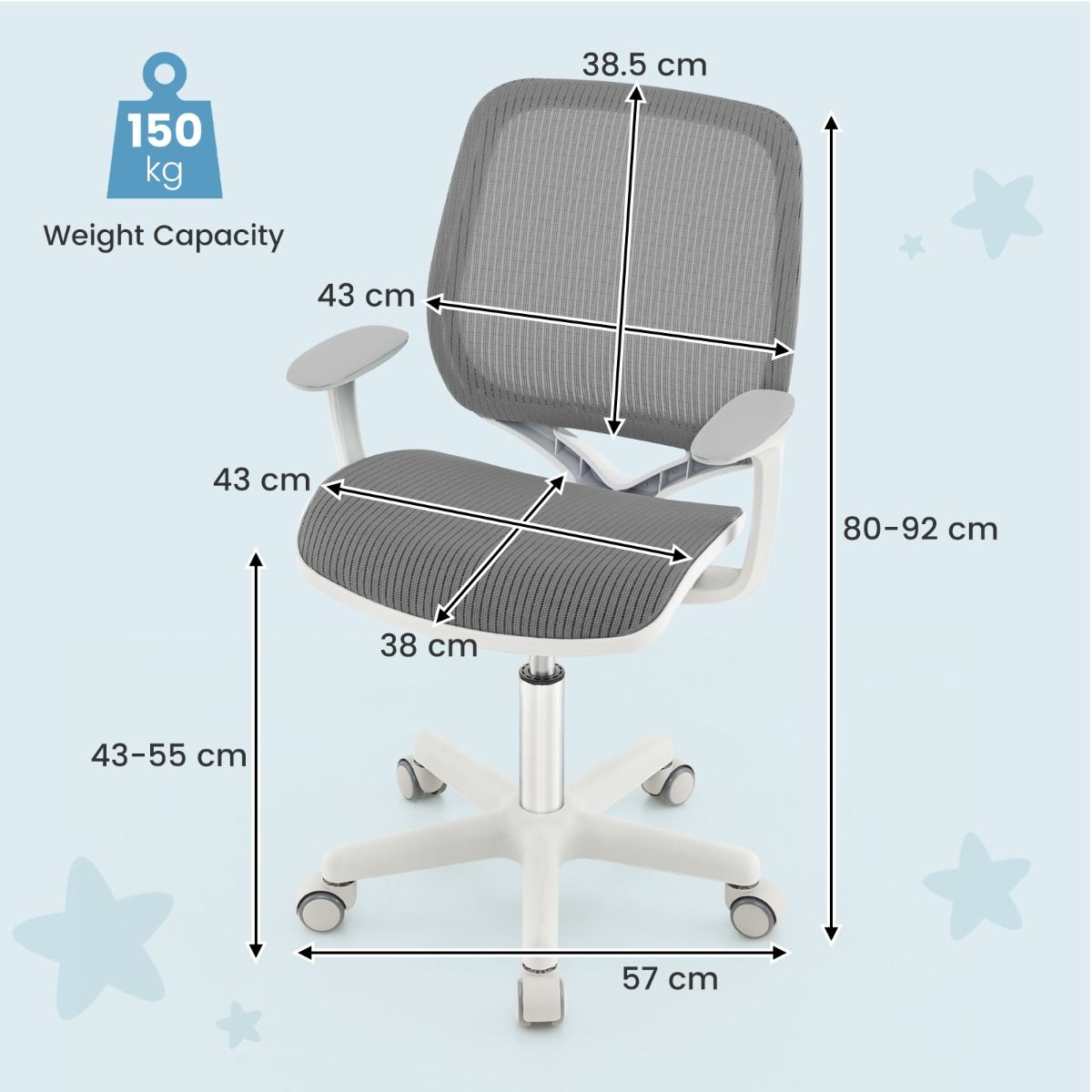 Chaise de bureau pour enfant Coast - réglable en hauteur - conception ergonomique - grise