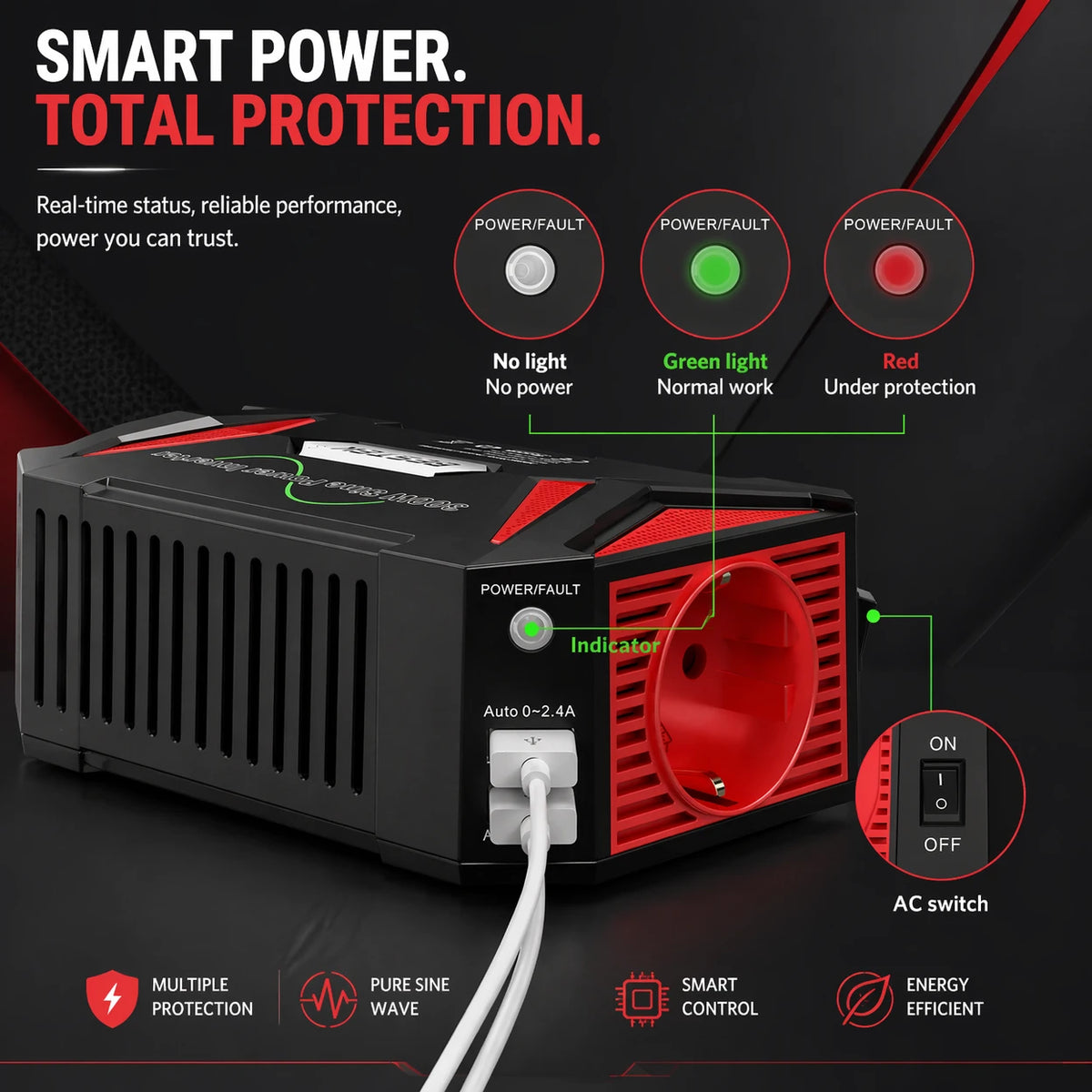 BESTEK Convertisseur à onde sinusoïdale pure - 12 V à 230 V - 300 W - Rouge
