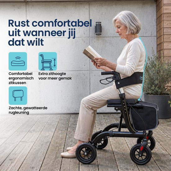 Rollator TrueSafe léger et pliable (6,9 kg) - Pour l'intérieur et l'extérieur - Avec coussin d'assise ergonomique, éclairage, dossier, support pour canne et bien plus encore - Noir