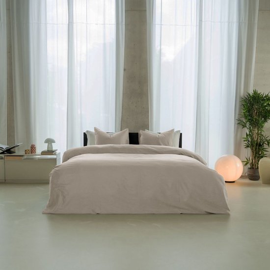 Housse de couette Kayori Saya en satin de coton - 140 x 200-220 + 1 taie d'oreiller - Lit simple - Coton biologique - Beige