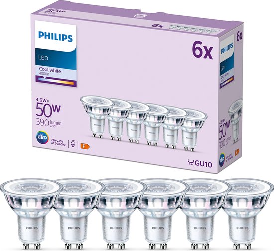 Spot LED Philips - 50 W - GU10 - Lumière blanche froide - 6 pièces