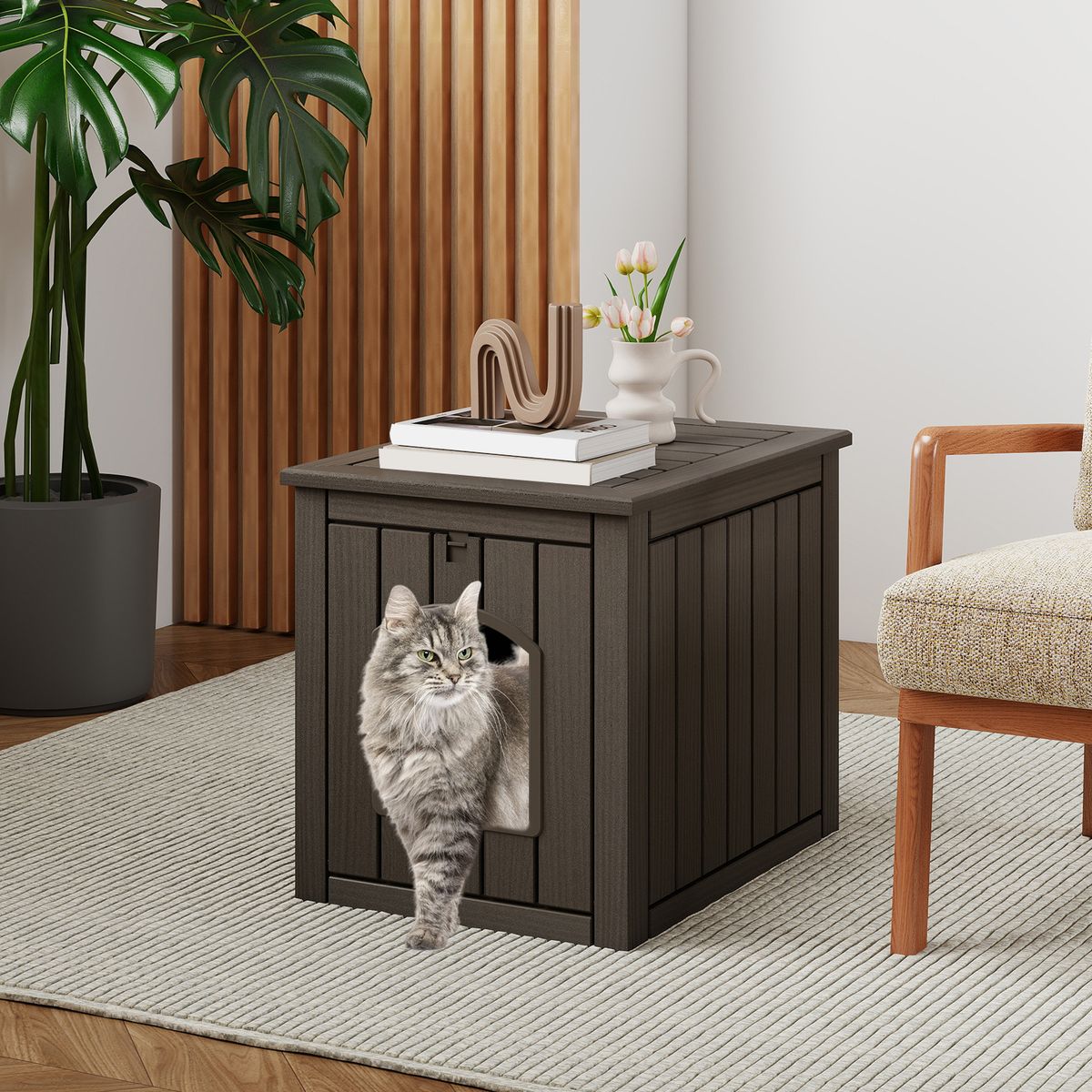 Maison pour chat Coast pour l'intérieur et l'extérieur - Meuble-litière dissimulé - Porte battante à l'avant - Noir et marron clair