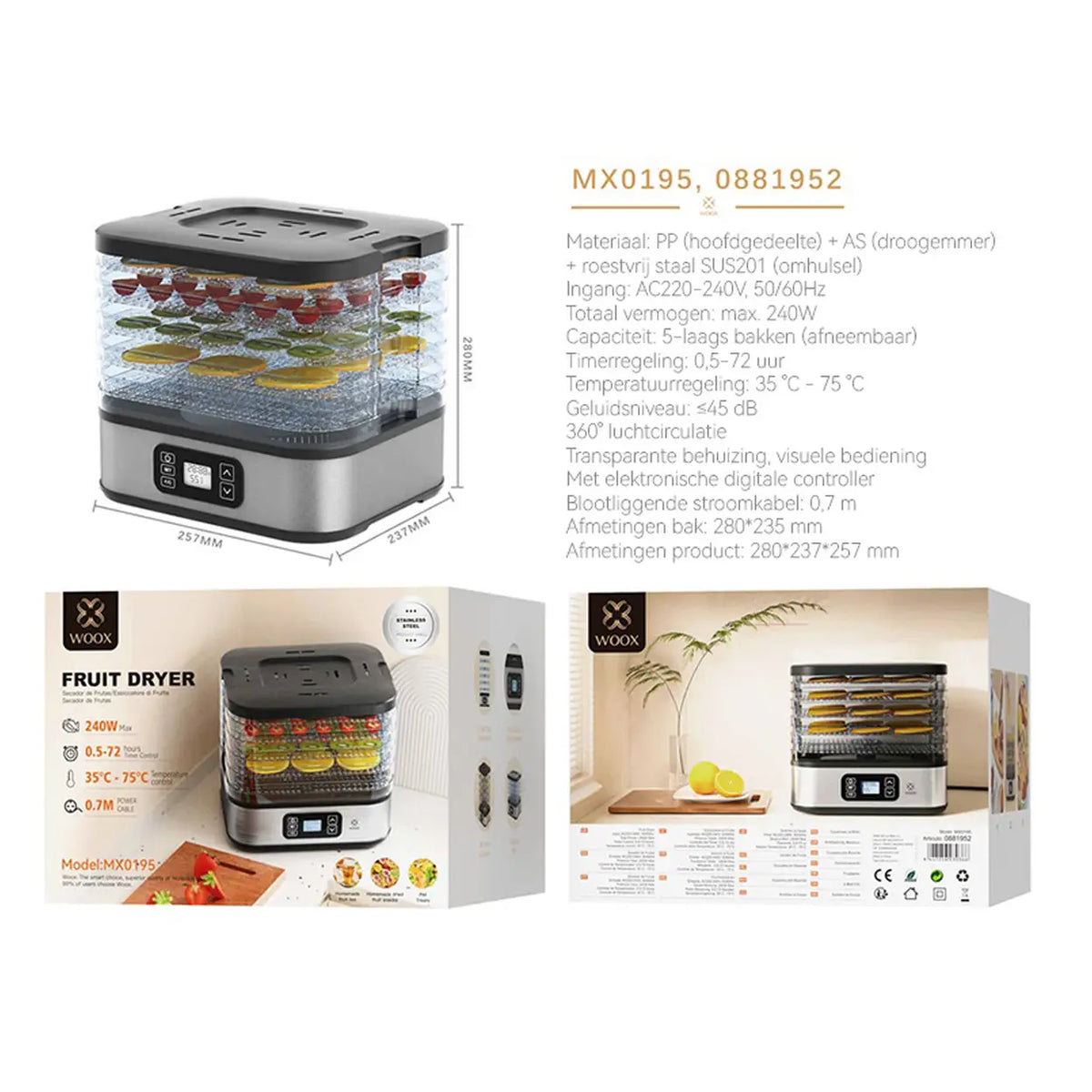 Déshydrateur alimentaire WOOX MX0195 - 5 tiroirs - minuterie et réglage de la température
