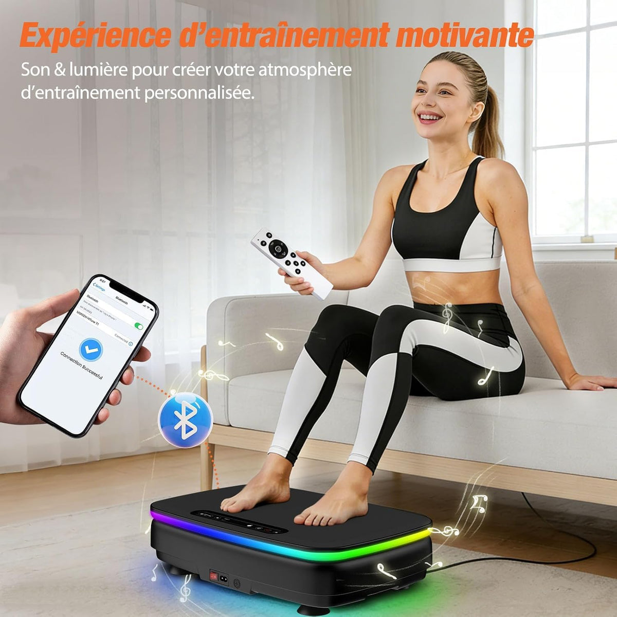 Plateforme vibrante DH FitLife – 99 niveaux de vitesse, Bluetooth, éclairage LED et bandes de résistance – Noir