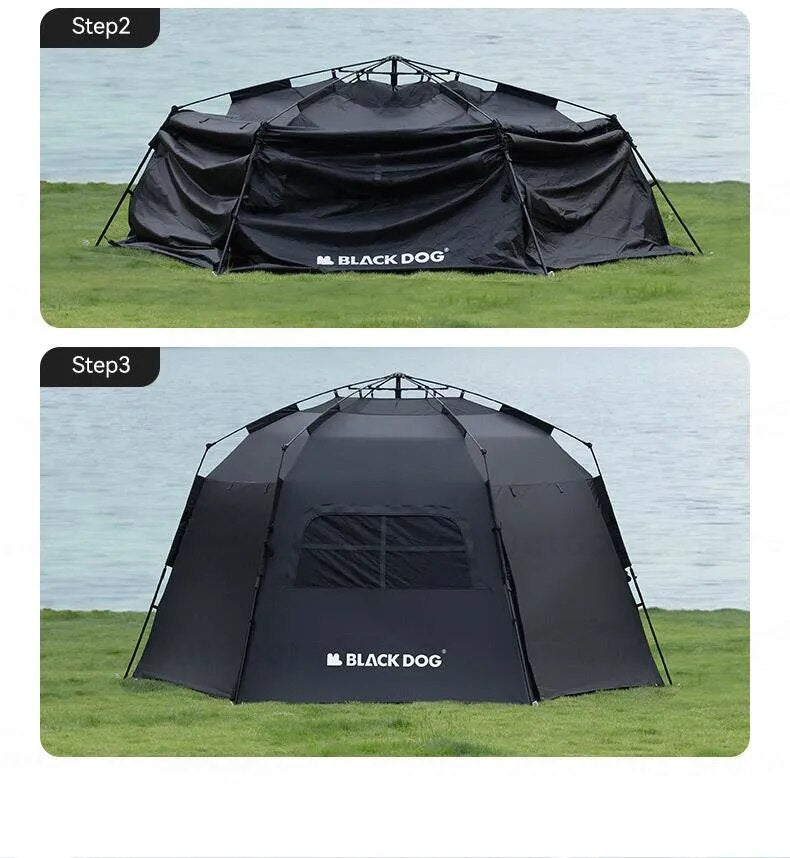 Tente automatique Blackdog Hexagon CBD2300QT012 – 12,5 m² – UPF50+ – PU 3 000 mm – Noir