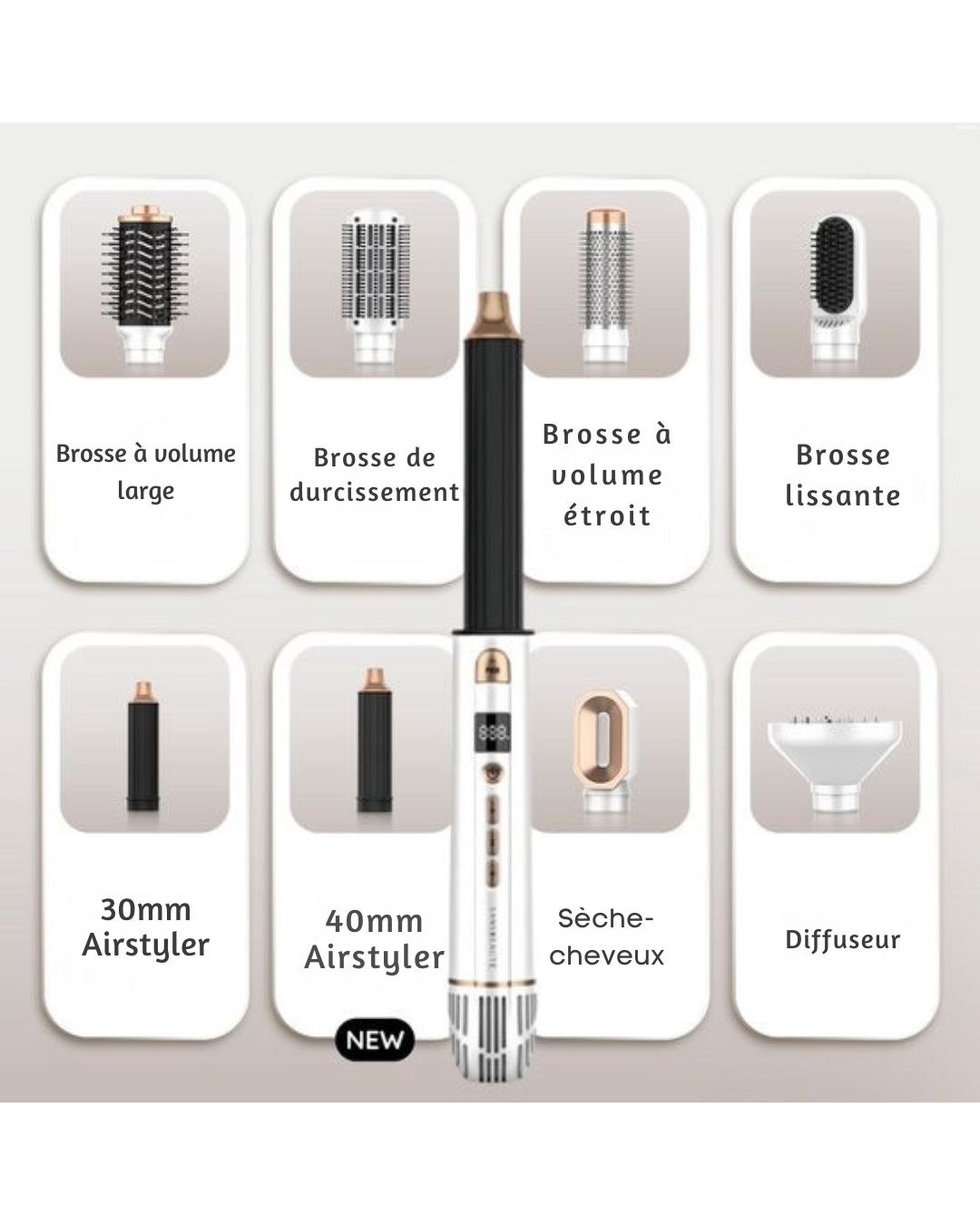 Brosse coiffante 8 en 1 - Sansbeauté® - Diffuseur inclus -  Brosse sèche-cheveux – Fer à boucler – Brosse chauffante – Fonction air froid