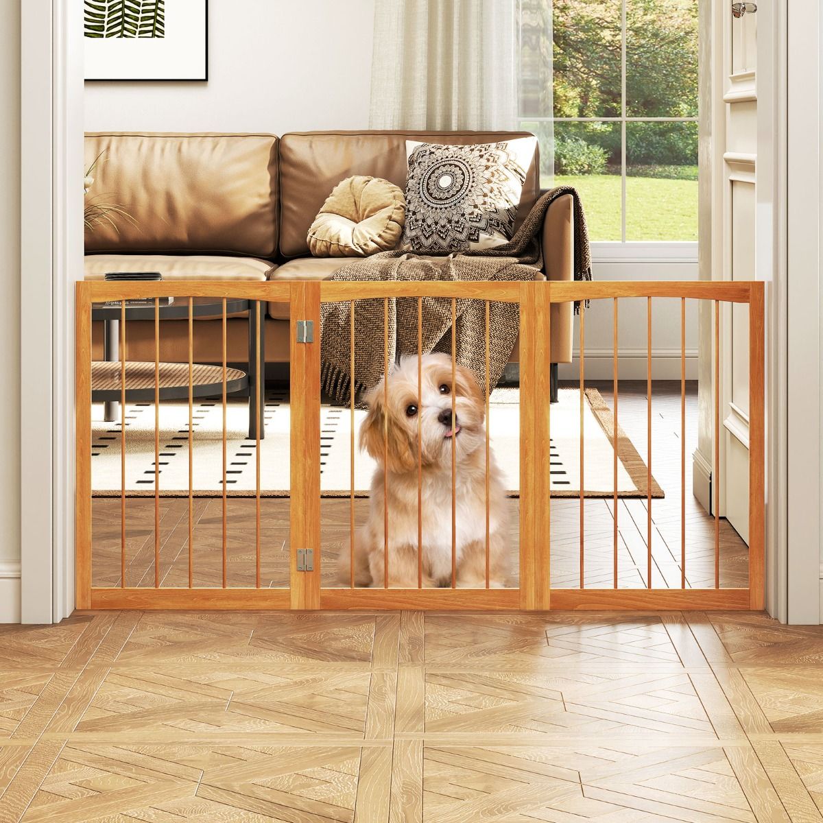 Barrière de sécurité pour chiens Coast - Barrière de protection pliable en 3 parties - bois naturel - 76 cm de haut